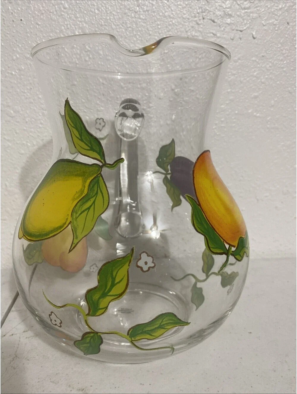 Glass Hand Painted Fruit  Water Juice Pitcher Glasses Fall Summer Colorful Clear